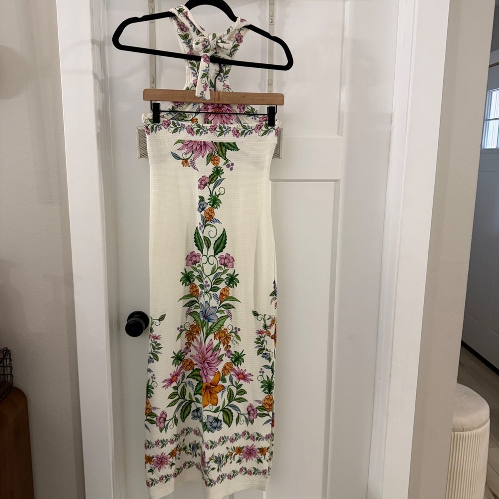 FARM Rio Delicadeza Halter Midi Dress Floral Fruit Off White Ribbed Boho Resort - Picture 3 of 8